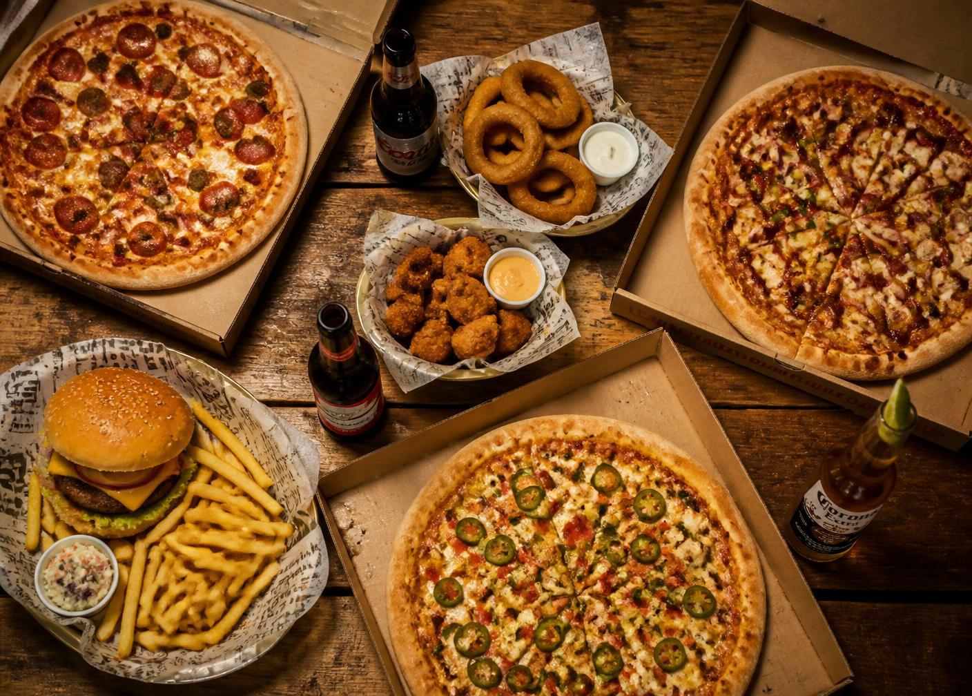 Pizze da asporto, hamburger, patatine e fritti sul tavolo